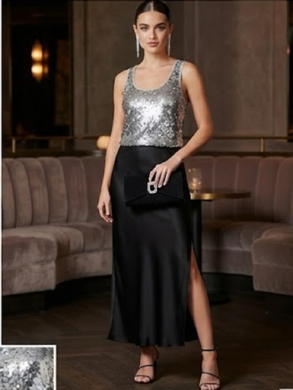 Peter Nygard Sparkly Silver Sequins Scoop Neck Tank Sheer Back P2P:21’ +